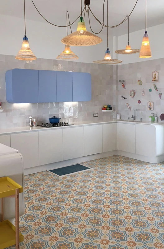 Colourful cement tiles for bespoke modern kitchens